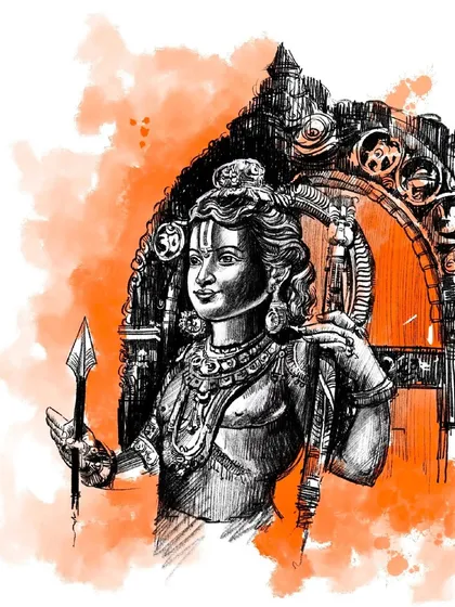 A version of my Ram Lalla artwork with a saffron color wash. This piece combines the detailed sketch with a background that evokes the spiritual energy of Ayodhya.