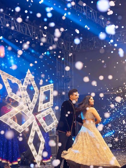 Creating a winter wonderland theme for a couple's dance. We used giant illuminated snowflake props and a snow machine to bring a touch of magic and romance to their performance.