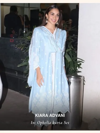 Another one of Kiara's favorite looks, the Ophelia Kurta Set. The light blue color and breezy design make it a perfect example of my signature style.