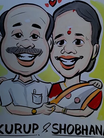 A close-up of a commissioned watercolor caricature for a couple, perfect for an anniversary. The warm colors and happy expressions make it a cherished gift.