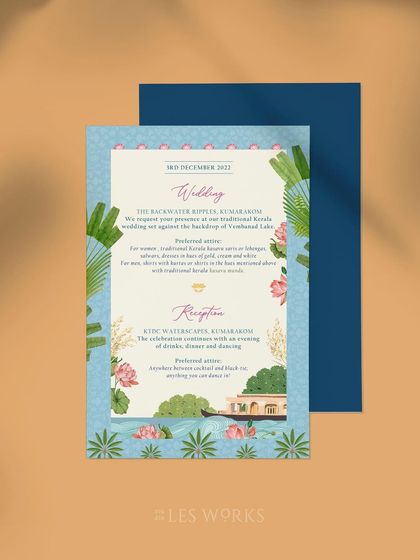The invitation for the wedding and reception in Kerala. The artwork depicts a serene backwater scene with a houseboat and lotus flowers, capturing the unique beauty of the location.