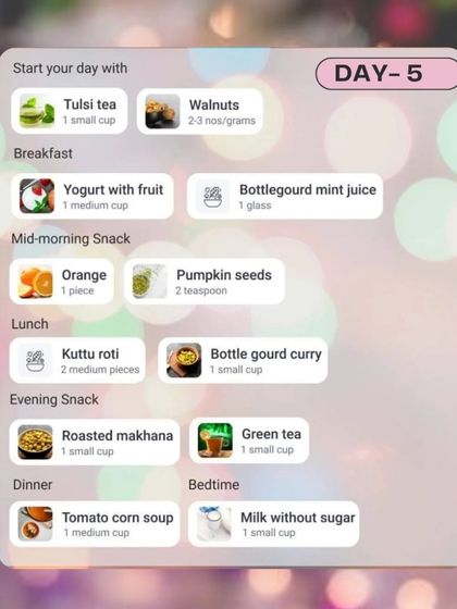 This is a sample meal plan for Day 5 of my Navratri fasting guide. It features balanced meals like kuttu roti with bottle gourd curry and healthy snacks like roasted makhana to keep you nourished.