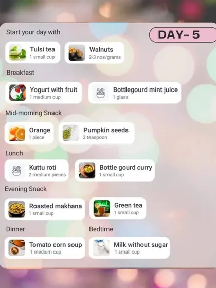 This is a sample meal plan for Day 5 of my Navratri fasting guide. It features balanced meals like kuttu roti with bottle gourd curry and healthy snacks like roasted makhana to keep you nourished.