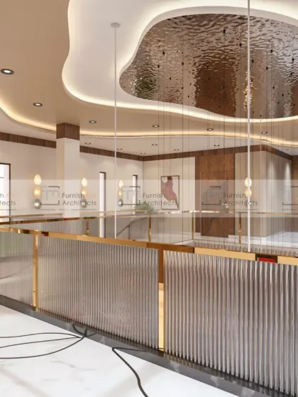 This commercial space features a unique ceiling with a reflective, water-like surface. Combined with fluted glass railings and warm wood tones, the design creates a sophisticated and dynamic atmosphere for events and gatherings.