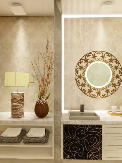 A render of a luxurious bathroom and vanity area. The design incorporates warm backlighting, an ornate mirror, marble countertops, and ample wooden storage to create a spa-like feel.