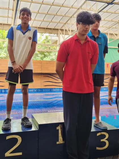 Aryaman Suri on the podium after winning his first medal of the season. Achieving personal bests early in the season is a great sign of the speed to come.