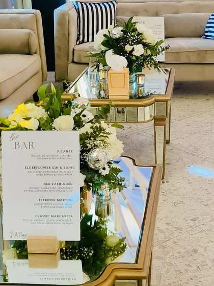 Our bar all set up and ready to go. The elegant menu and champagne tower signal the start of a sophisticated and celebratory evening.