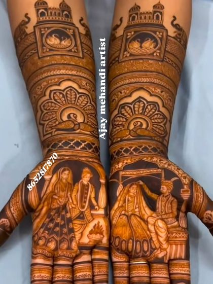 This design captures two key wedding moments. One hand shows the varmala exchange, and the other shows the sindoor ceremony, telling a story across both palms.