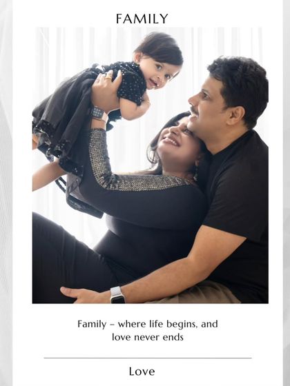 A joyful family moment captured in a graphic template. The mother lifts her daughter in the air, creating a feeling of pure happiness and love.