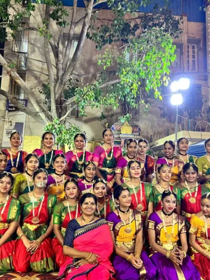 My students posing together after offering their 'nrithya seve' at the historic Bengaluru Karaga Utsava. Performing at such traditional city festivals is a great honor for us.