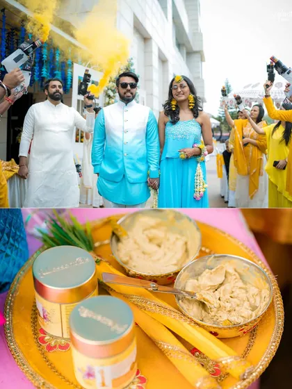 A shot of the Haldi entry, with friends using smoke cannons to create a grand welcome. We also capture the details, like the beautifully prepared turmeric paste.