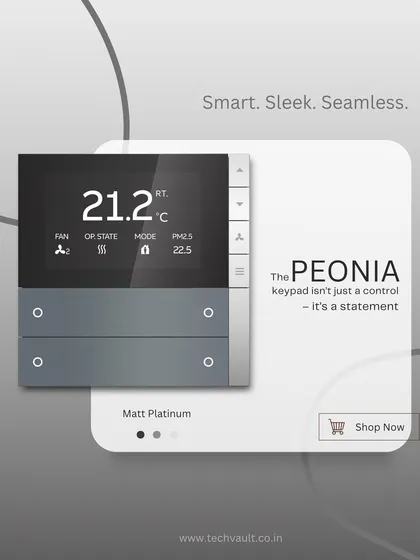 The PEONIA keypad shown here in a refined Matt Platinum finish. This smart device is more than a control panel; it's a statement piece that gives you complete authority over your home's air quality and comfort systems.