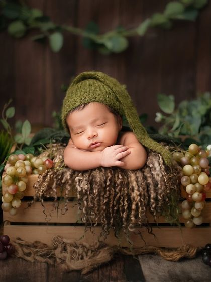 A little garden gnome sleeping in a crate of grapes. This is an example of a more rustic and earthy artistic setup I offer in the studio.