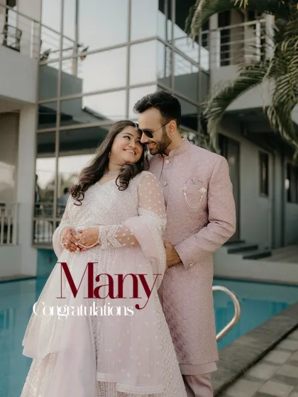 A beautiful poolside portrait of Aditya and Monika after their engagement ceremony in Matheran. This shot combines elegance with a relaxed, celebratory feel.