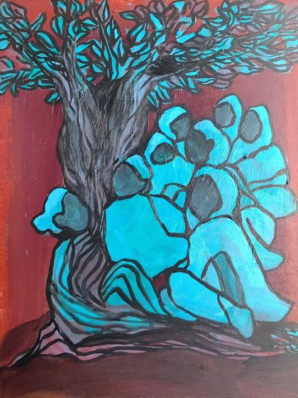 "Wanna hear a story from the branches? My Grandma is a tree now!" This small acrylic on wood painting is about my grandmothers and the stories and strength women share. It’s a tribute to the female tribe.