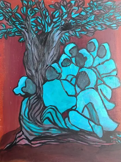 "Wanna hear a story from the branches? My Grandma is a tree now!" This small acrylic on wood painting is about my grandmothers and the stories and strength women share. It’s a tribute to the female tribe.