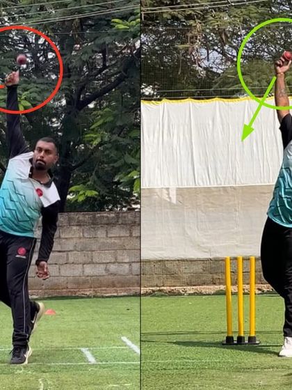 A clear view of the improved release for this off-spinner. We corrected a front-on action to achieve a higher, stronger release point, resulting in more turn and consistency.