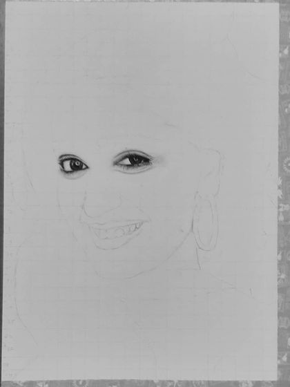 See how I drew Niharika NM's portrait. These images show the process from the initial grid and eye sketch to the final rendering of her hair and smile.