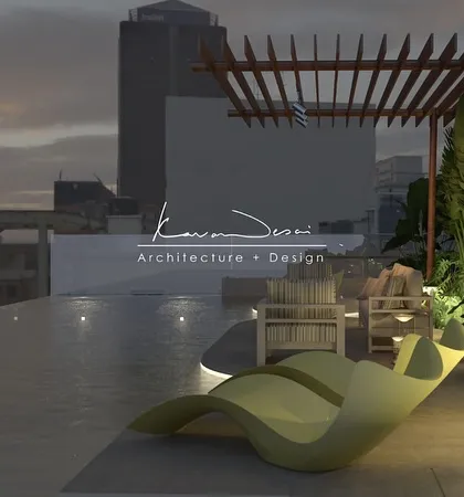 A minimalist terrace designed for a quiet escape above the city. The sculptural chaise lounge and subtle lighting create a serene atmosphere, perfect for unwinding at dusk.