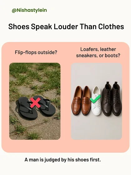 Shoes speak louder than clothes. A man is often judged by his shoes first. Ditch the flip-flops for outside wear and invest in classic loafers, leather sneakers, or boots to make the right impression.