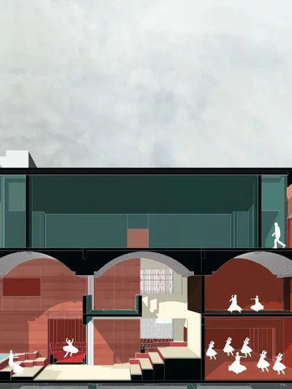 A sectional drawing of the Performing Arts Center concept, revealing the relationship between the main auditorium, rehearsal spaces below, and the open public areas.