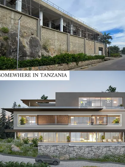 This image shows the challenging rocky site in Tanzania and how the design for the modern residence is crafted to integrate with the natural terrain.