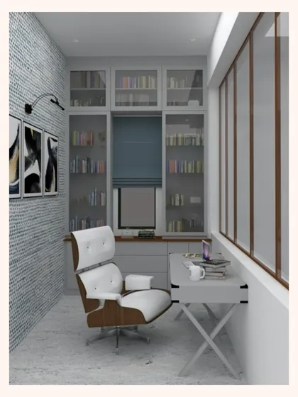 Study Nook Visualization: This series shows the transition from a 3D design of a compact study to the finished, installed space. The design prioritized maximizing storage with floor-to-ceiling glass cabinets and creating a comfortable, ergonomic workspace.