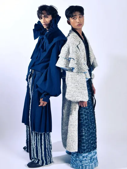 A composition showing two distinct but complementary looks from the same designer collection. This is great for lookbooks and campaign stories.