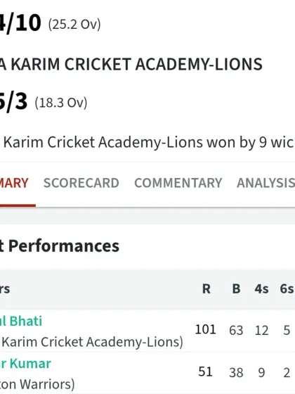 The summary of a dominant victory by our SKCA Lions, winning by 9 wickets thanks to Anshul Bhati's spectacular century. This showcases the high level of performance our teams consistently deliver.
