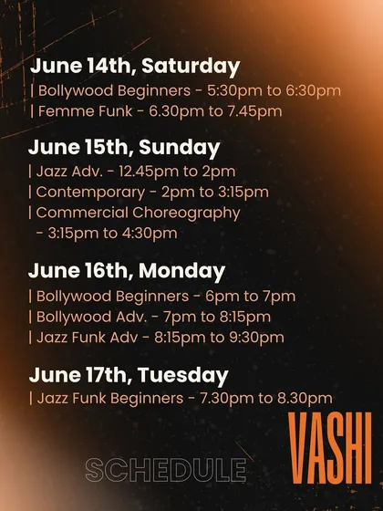 A detailed schedule of the free workshops offered at our Vashi studio for the RUH 18 showcase, covering everything from Bollywood Beginners to Jazz Advance.