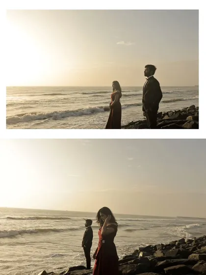 A diptych showing the couple standing by the sea at sunset, capturing the beautiful, warm light and the vastness of the ocean.