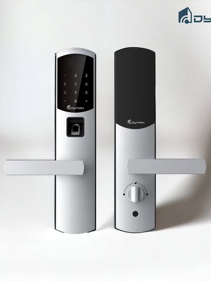 A clean, studio shot of our silver smart lock, showing both the exterior keypad and fingerprint scanner, and the interior manual knob for versatile use.