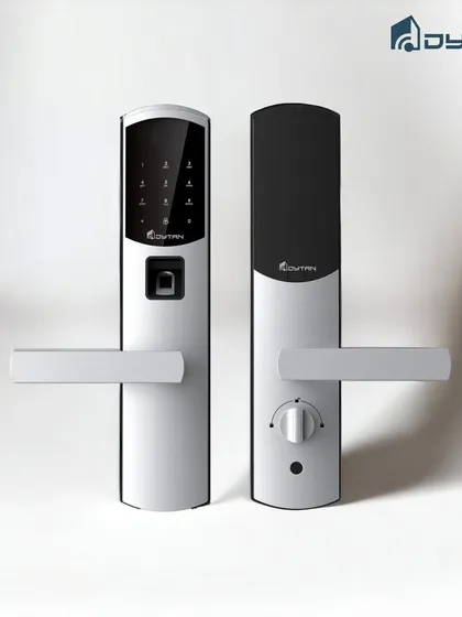 A clean, studio shot of our silver smart lock, showing both the exterior keypad and fingerprint scanner, and the interior manual knob for versatile use.