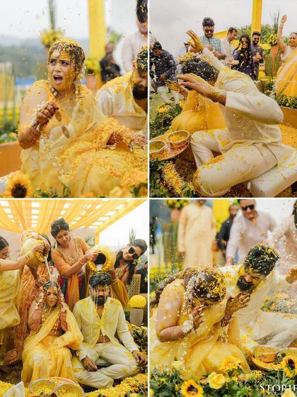 A collage of high-energy moments from Rishabh and Bhanvi's Haldi, showing them being drenched in turmeric and water.
