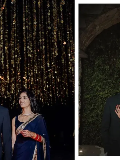 A collage showing the couple's entrance under the shimmering ceiling and a portrait shot, highlighting the romantic atmosphere created by the decor.