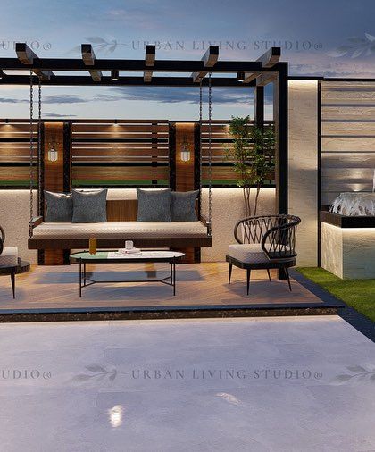 A render of the lounge area for the Punjabi Bagh terrace. The design includes a large swing sofa under a pergola and a daybed next to a water feature, creating multiple options for relaxation.