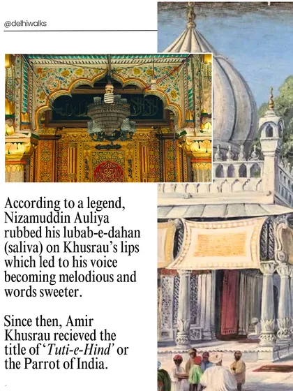 According to legend, Nizamuddin Auliya's blessing gave Amir Khusrau his melodious voice, earning him the title 'Tuti-e-Hind' or the Parrot of India.