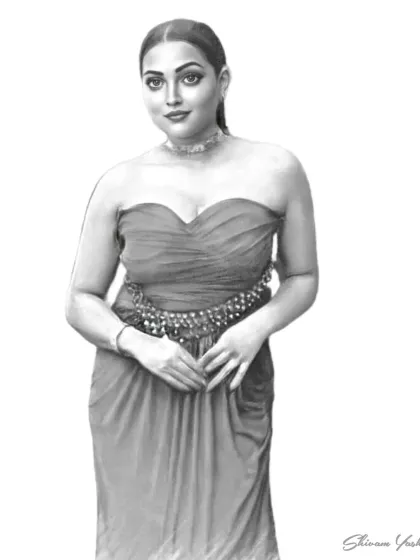 A glamorous portrait of a client in an off-the-shoulder dress. The detailed belt and choker necklace add a touch of elegance.