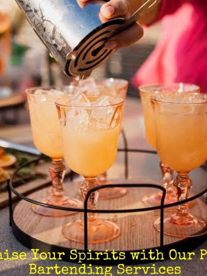 A tray of refreshing pink cocktails being poured for a sunny outdoor event. We can batch-make high-quality cocktails to ensure all your guests are served quickly.