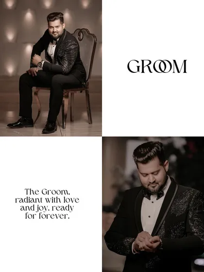 A collage of the groom, Gaurav, looking sharp and ready for the ceremony, capturing his style and anticipation.