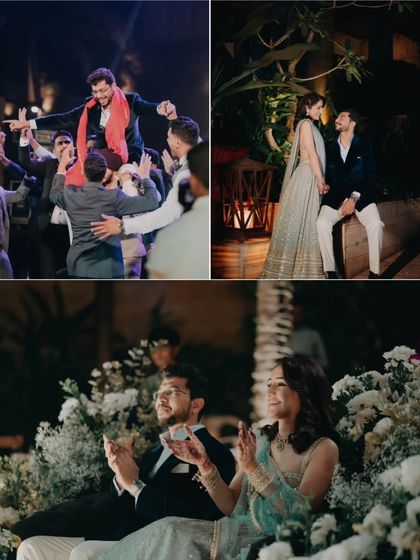 A collage capturing the full spectrum of a Sangeet night, from the groom's energetic dance on his friends' shoulders to quiet, romantic moments between the couple.