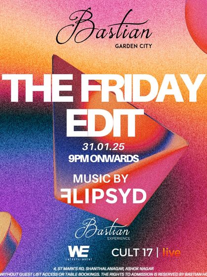 A stylish, modern poster for "The Friday Edit" at Bastian. The design is sophisticated and trendy, matching the premium positioning of the venue and the event series.