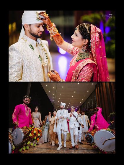 Capturing the groom's grand entry with dhol players and the bride's playful gesture of adjusting his turban. These are the moments that showcase the fun and tradition of a wedding.