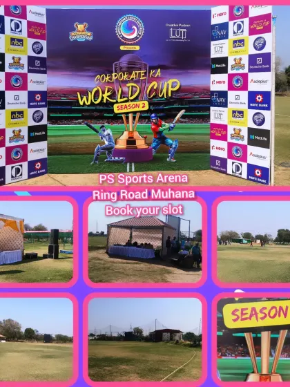 We are the top choice for major corporate cricket tournaments in Jaipur. This collage shows the setup for the 'Corporate Ka World Cup', highlighting our capacity to host large-scale, professionally managed events.
