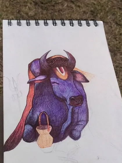 This is a work-in-progress photo of my Nandi Maharaj sketch. It shows the initial coloring and line work before all the final details are added. I wanted to share this stage to give a glimpse into my drawing process.
