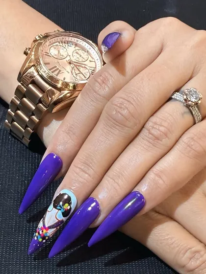 Here is the full nail set shown in a lifestyle context. My custom nail extensions are designed to be durable and stylish, complementing your personal accessories and overall look.