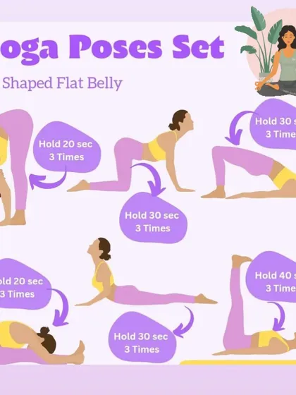 This yoga poses set is designed to help you get a shaped, flat belly with poses like Cobra, Bridge, and Leg Raises, complete with hold times.