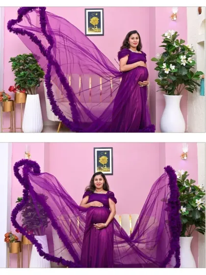 Two dynamic portraits showcasing the magnificent train of our purple tulle gown. The flowing fabric adds a sense of drama and artistry to these stunning solo shots.