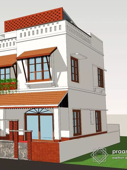 A 3D view of the Harlur house, showing the combination of different roof styles and window awnings. These elements are not just aesthetic but also functional, providing shade and protection from the elements.