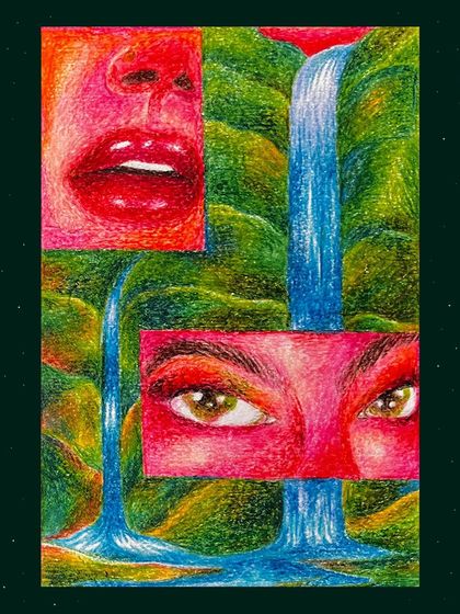 A drawing of fragmented facial features over a waterfall landscape.
